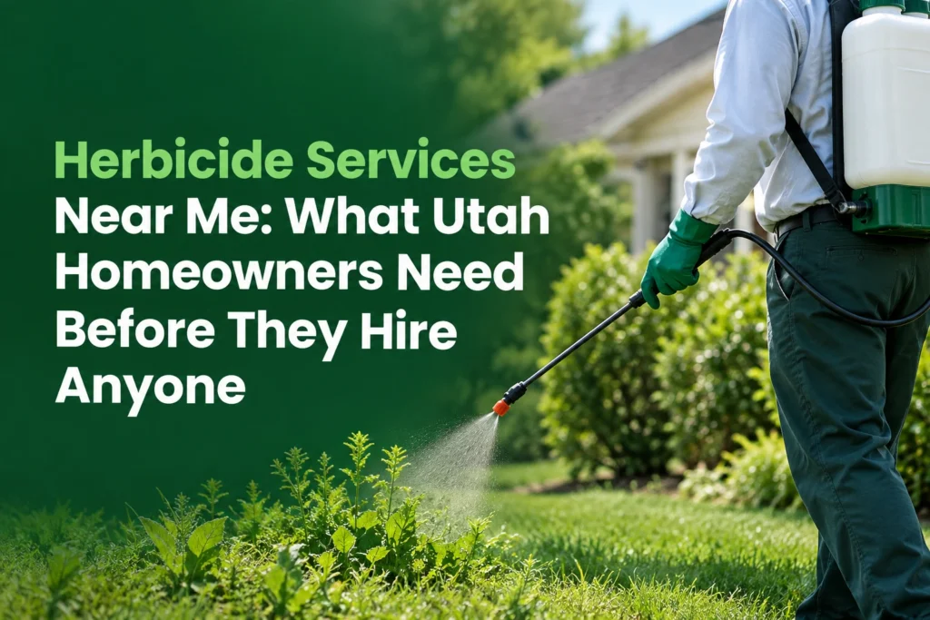 "Lawn care technician in green gloves spraying herbicide on weeds in a Utah yard, with the headline 'Herbicide Services Near Me: What Utah Homeowners Need Before They Hire Anyone