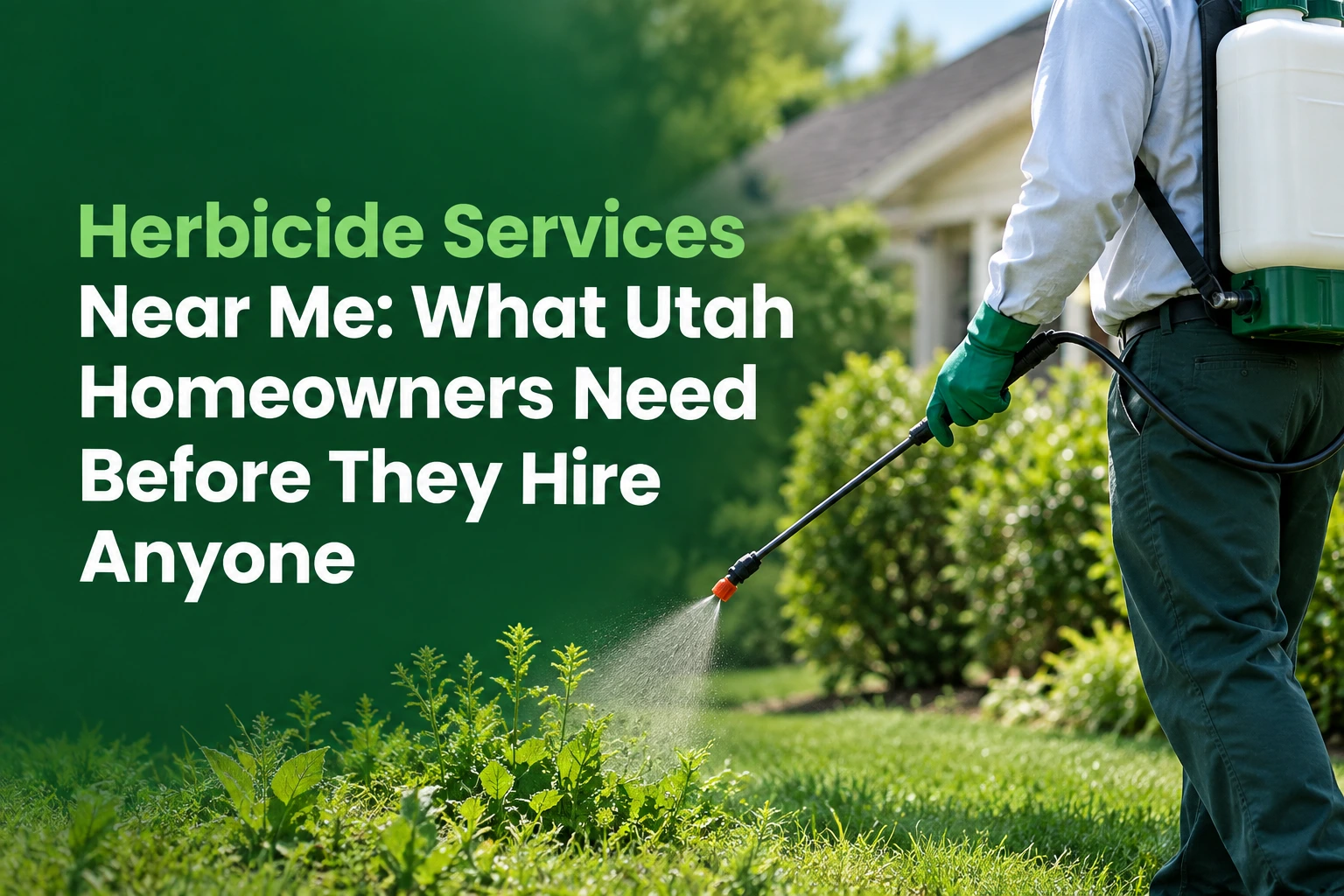 "Lawn care technician in green gloves spraying herbicide on weeds in a Utah yard, with the headline 'Herbicide Services Near Me: What Utah Homeowners Need Before They Hire Anyone